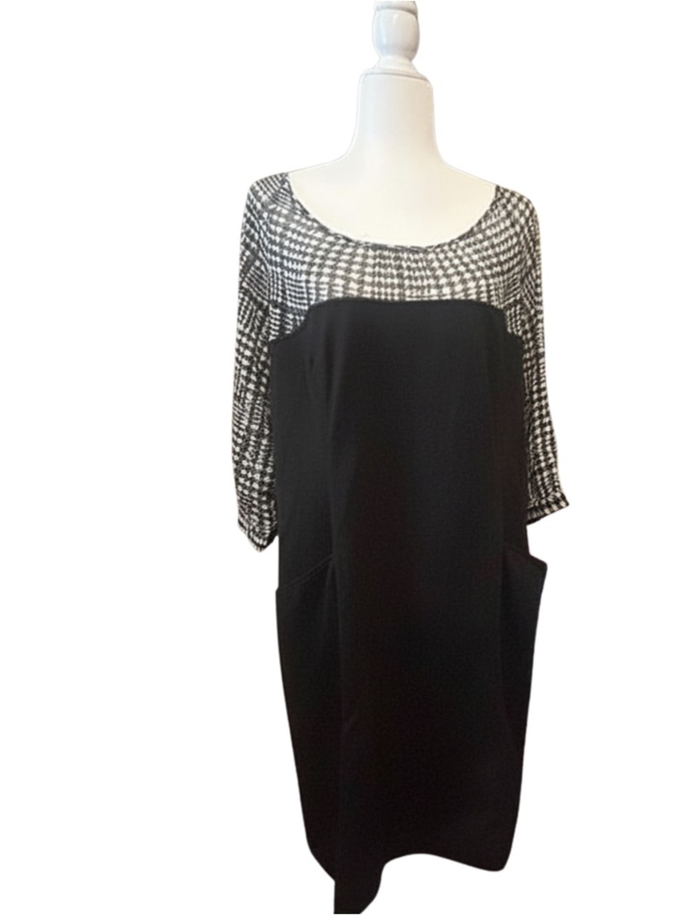New York & Company Black Dress with Black-and-White Houndstooth Yoke